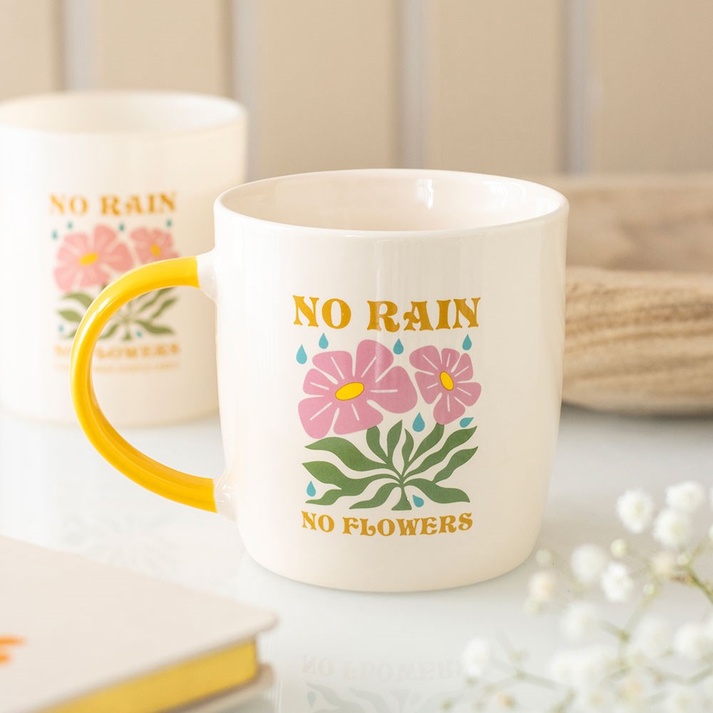 Taza "No Rain No Flowers" Mango Amarillo - Taza Cerámica 370ml Inspiradora