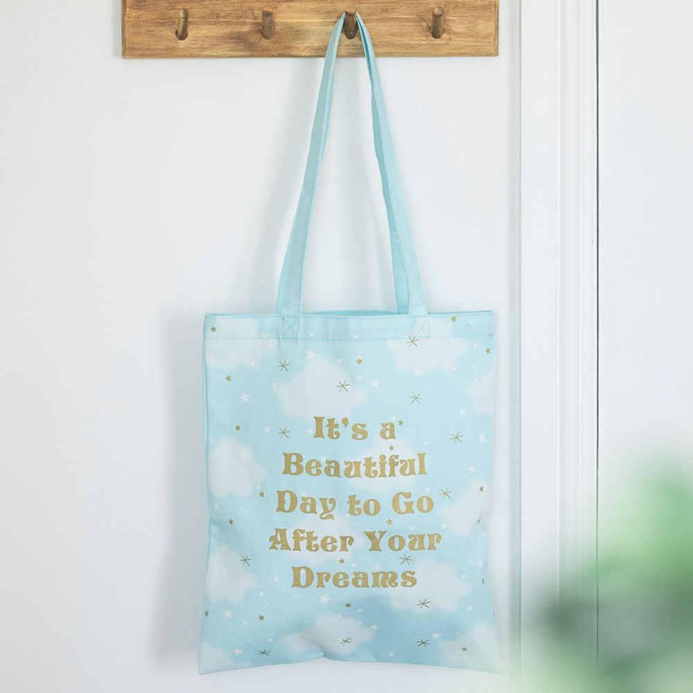 Bolsa de Mano con Estampado de Nubes y Mensaje Positivo - Tote Bag Versátil
