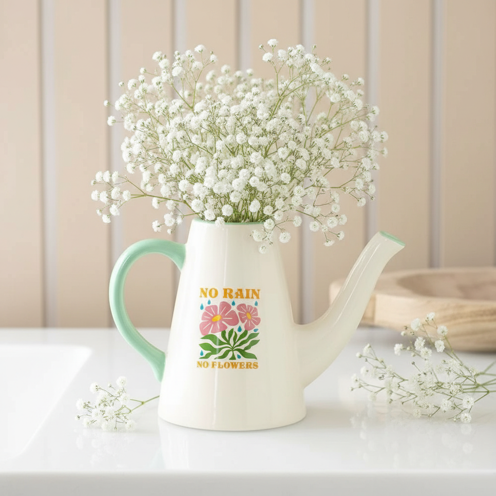 Regadera Jarrón Cerámica "No Rain No Flowers" - 600ml Doble Función