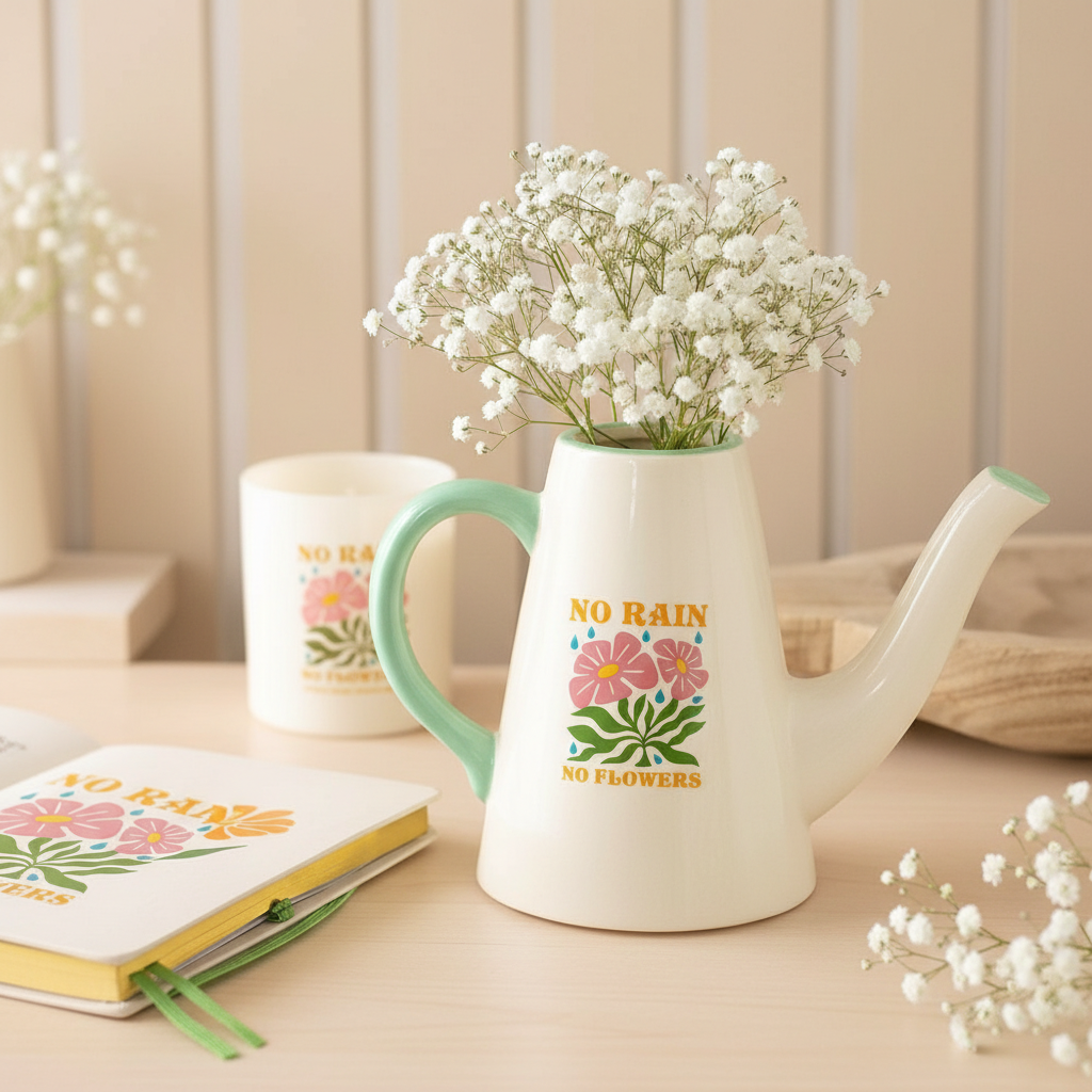 Regadera Jarrón Cerámica "No Rain No Flowers" - 600ml Doble Función