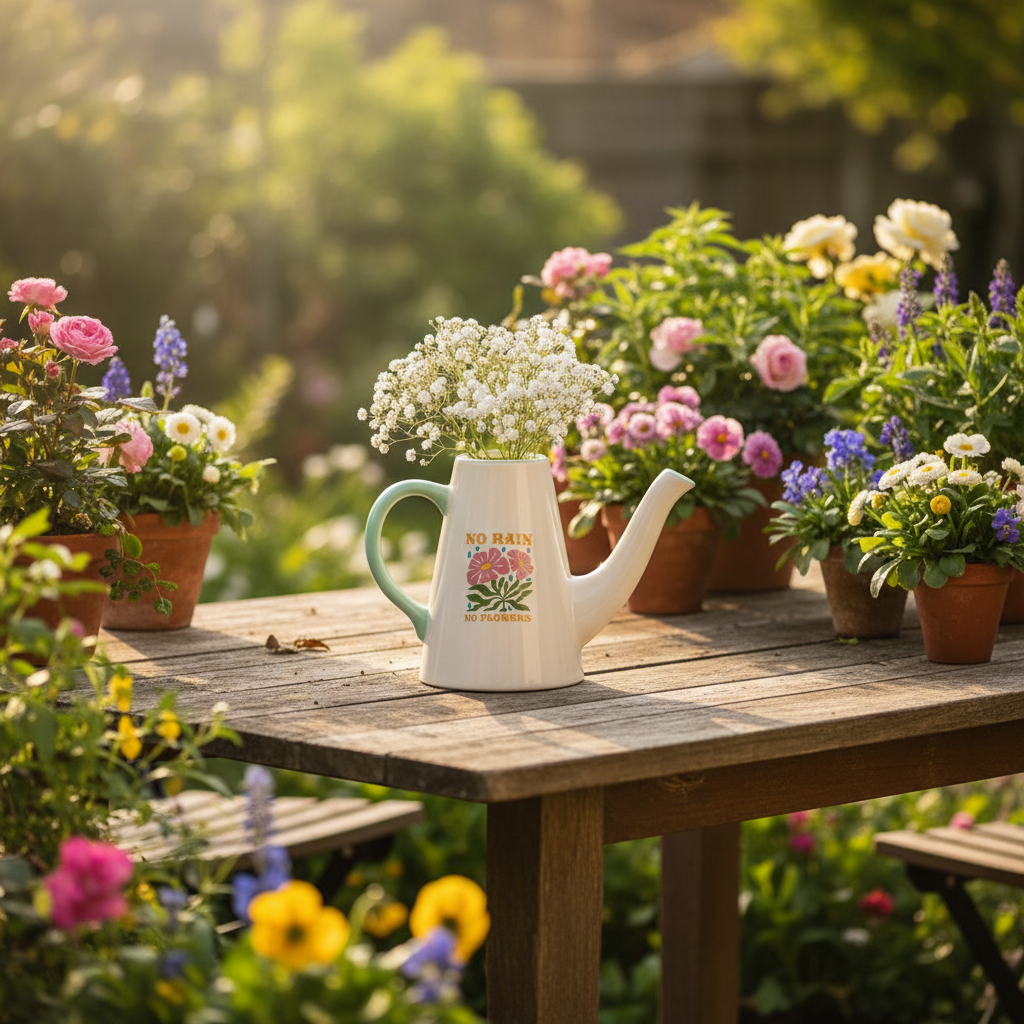 Regadera Jarrón Cerámica "No Rain No Flowers" - 600ml Doble Función