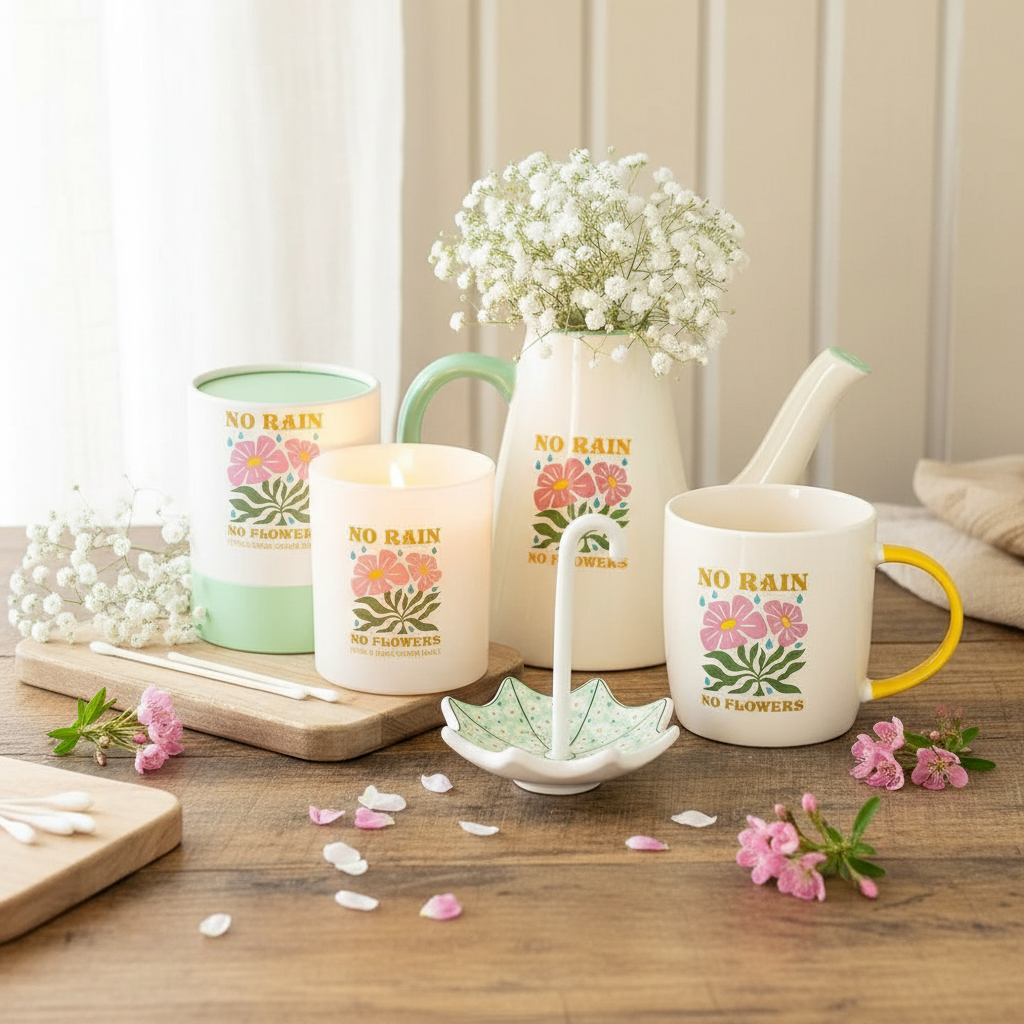 Regadera Jarrón Cerámica "No Rain No Flowers" - 600ml Doble Función
