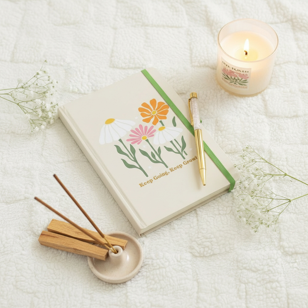 Cuaderno A5 Prompts Diarios con Bolígrafo Cuarzo Rosa - 200 Páginas Autocuidado