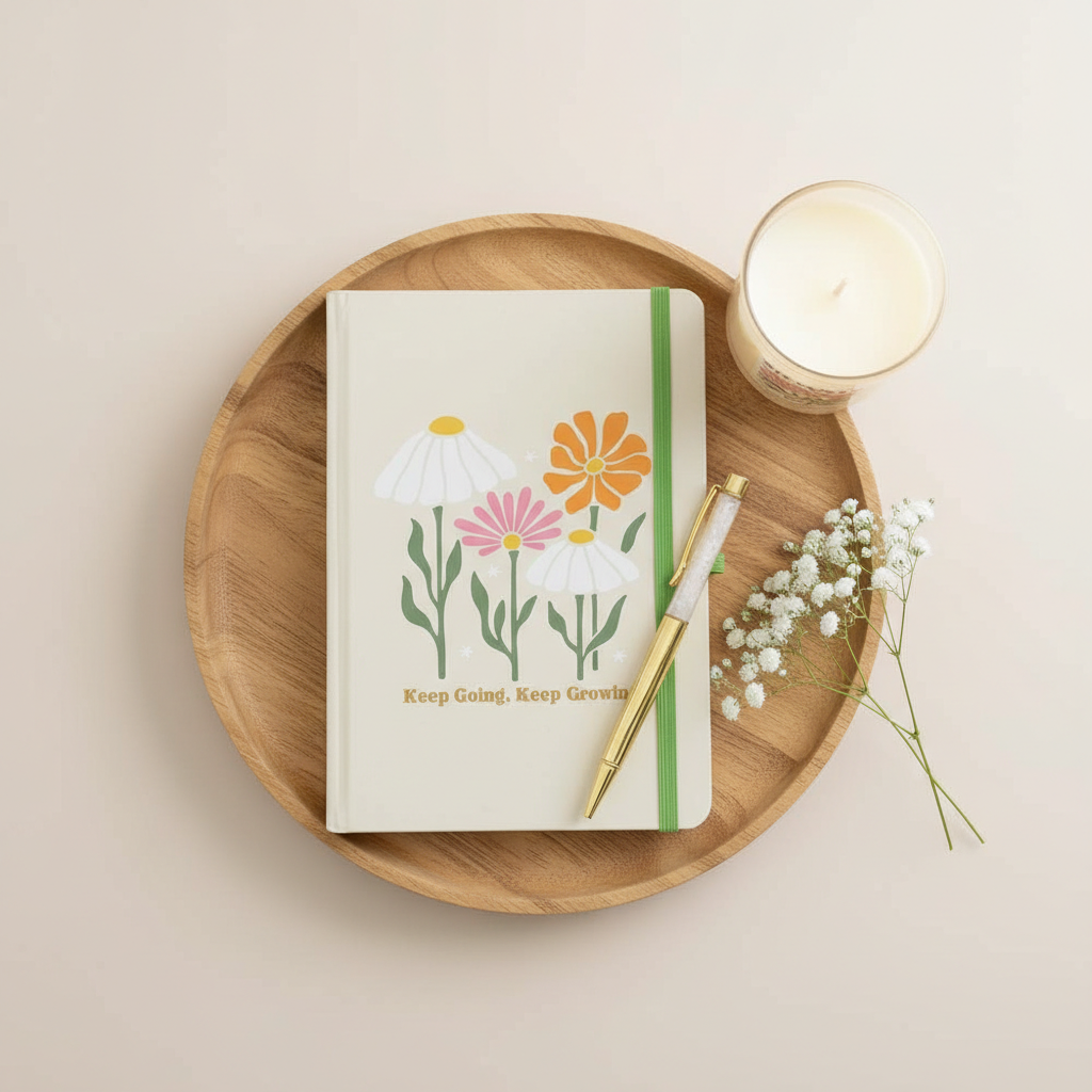 Cuaderno A5 Prompts Diarios con Bolígrafo Cuarzo Rosa - 200 Páginas Autocuidado