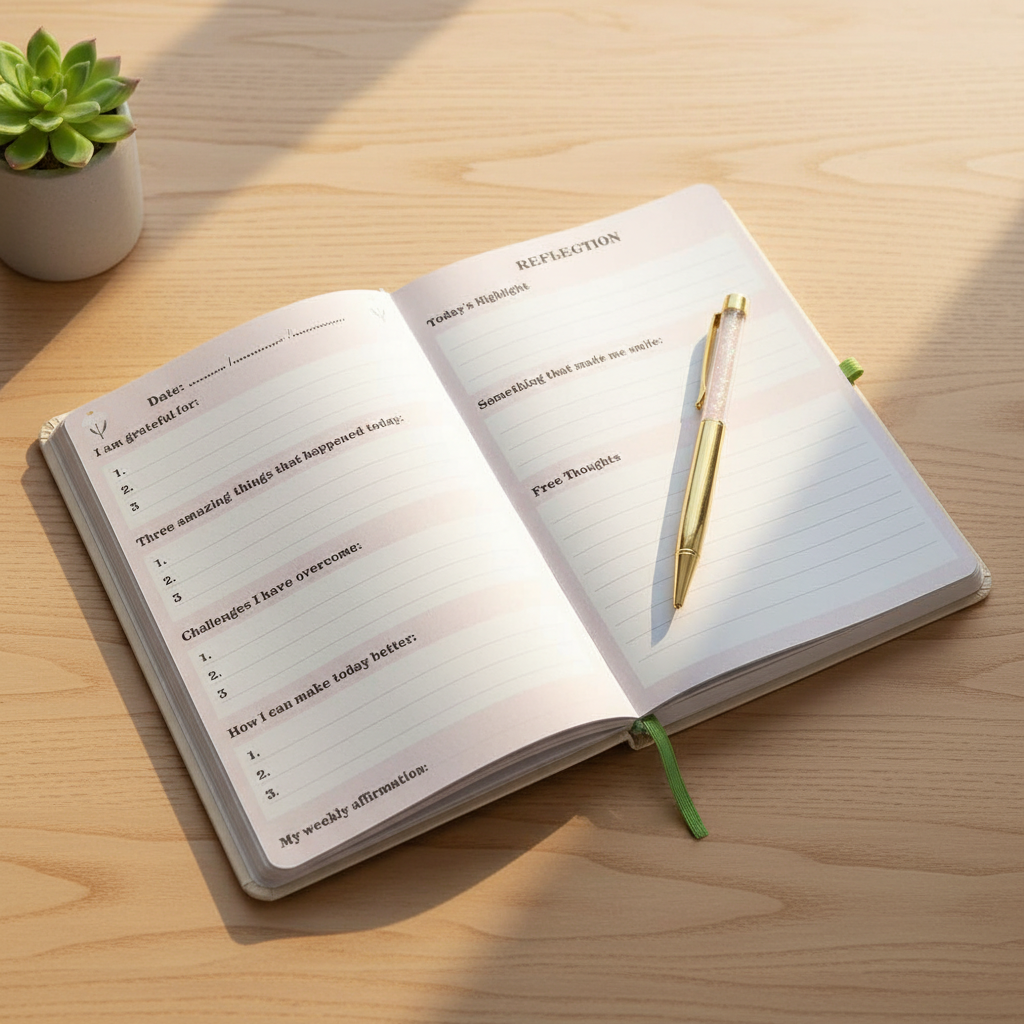 Cuaderno A5 Prompts Diarios con Bolígrafo Cuarzo Rosa - 200 Páginas Autocuidado