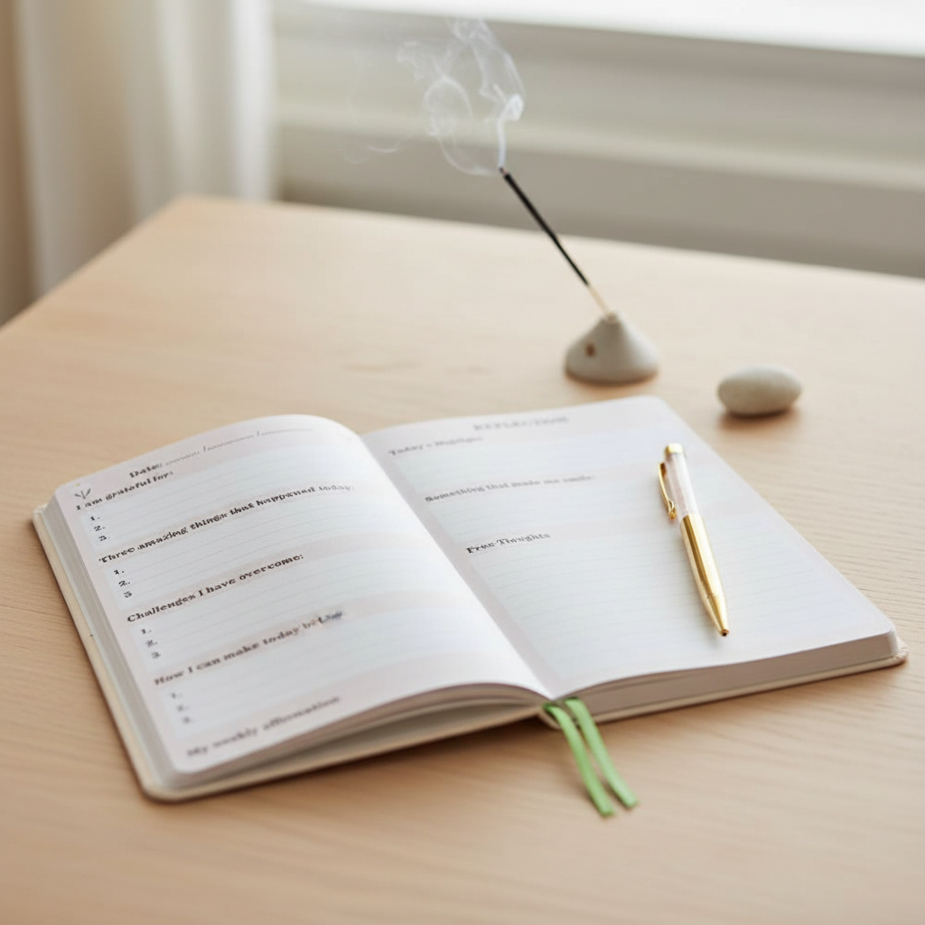 Cuaderno A5 Prompts Diarios con Bolígrafo Cuarzo Rosa - 200 Páginas Autocuidado