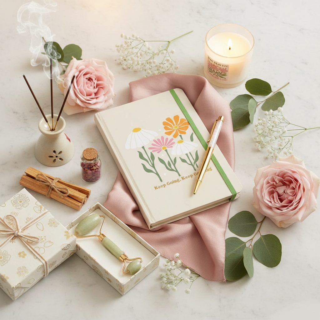 Cuaderno A5 Prompts Diarios con Bolígrafo Cuarzo Rosa - 200 Páginas Autocuidado