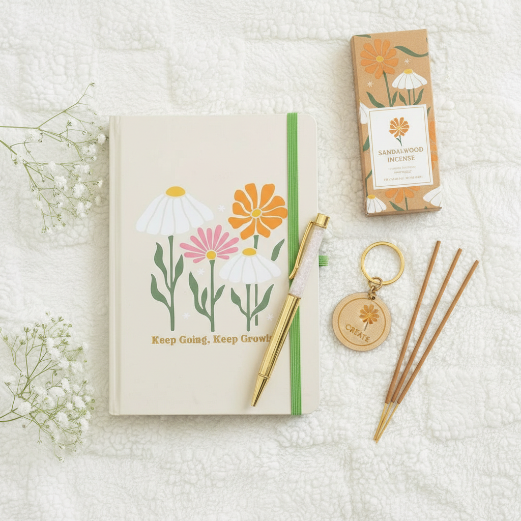 Cuaderno A5 Prompts Diarios con Bolígrafo Cuarzo Rosa - 200 Páginas Autocuidado