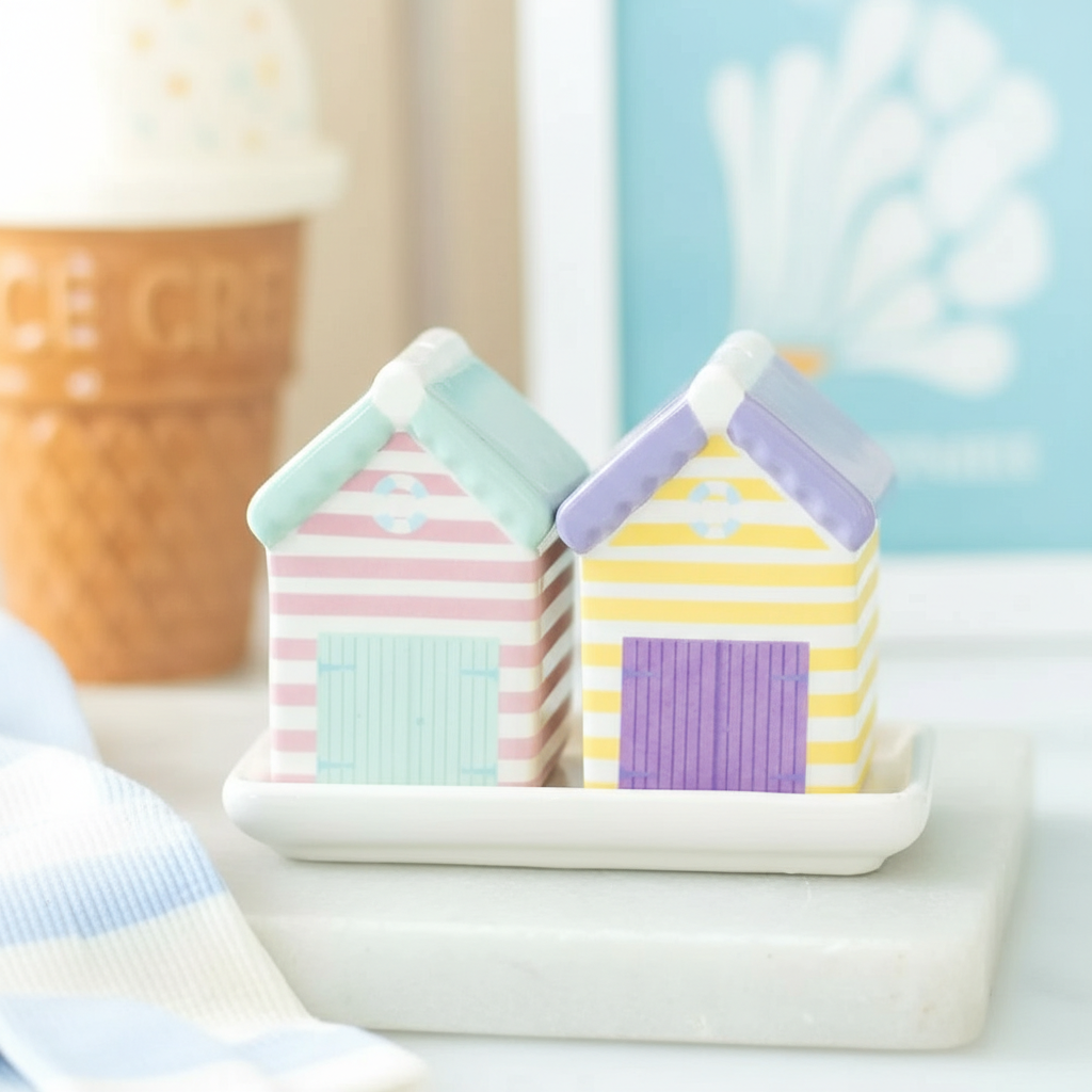 Set Salero Pimentero Casetas Playa Pastel con Bandeja - 3 Piezas Cerámica