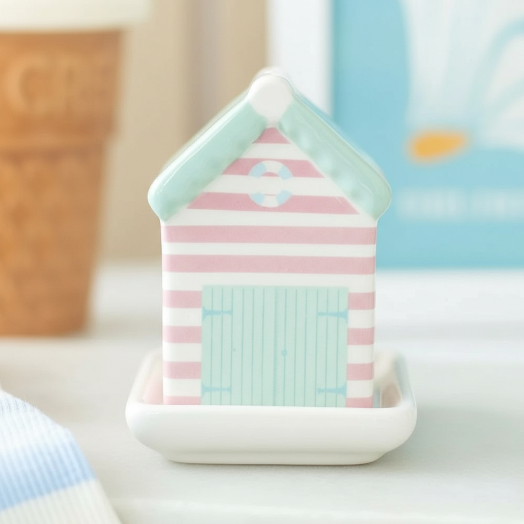 Set Salero Pimentero Casetas Playa Pastel con Bandeja - 3 Piezas Cerámica