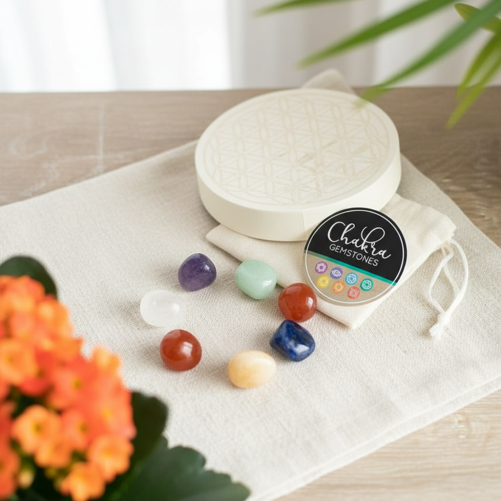 Set de 7 Cristales de Chakras con Caja Flor de la Vida - Kit Completo de Sanación Energética