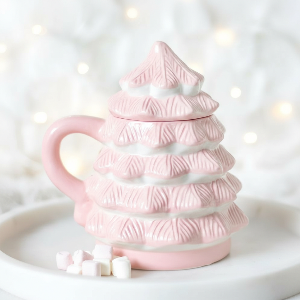 Taza Rosa Forma Árbol Navidad 520ml Tapa - Taza 3D Chocolate Caliente Adorable