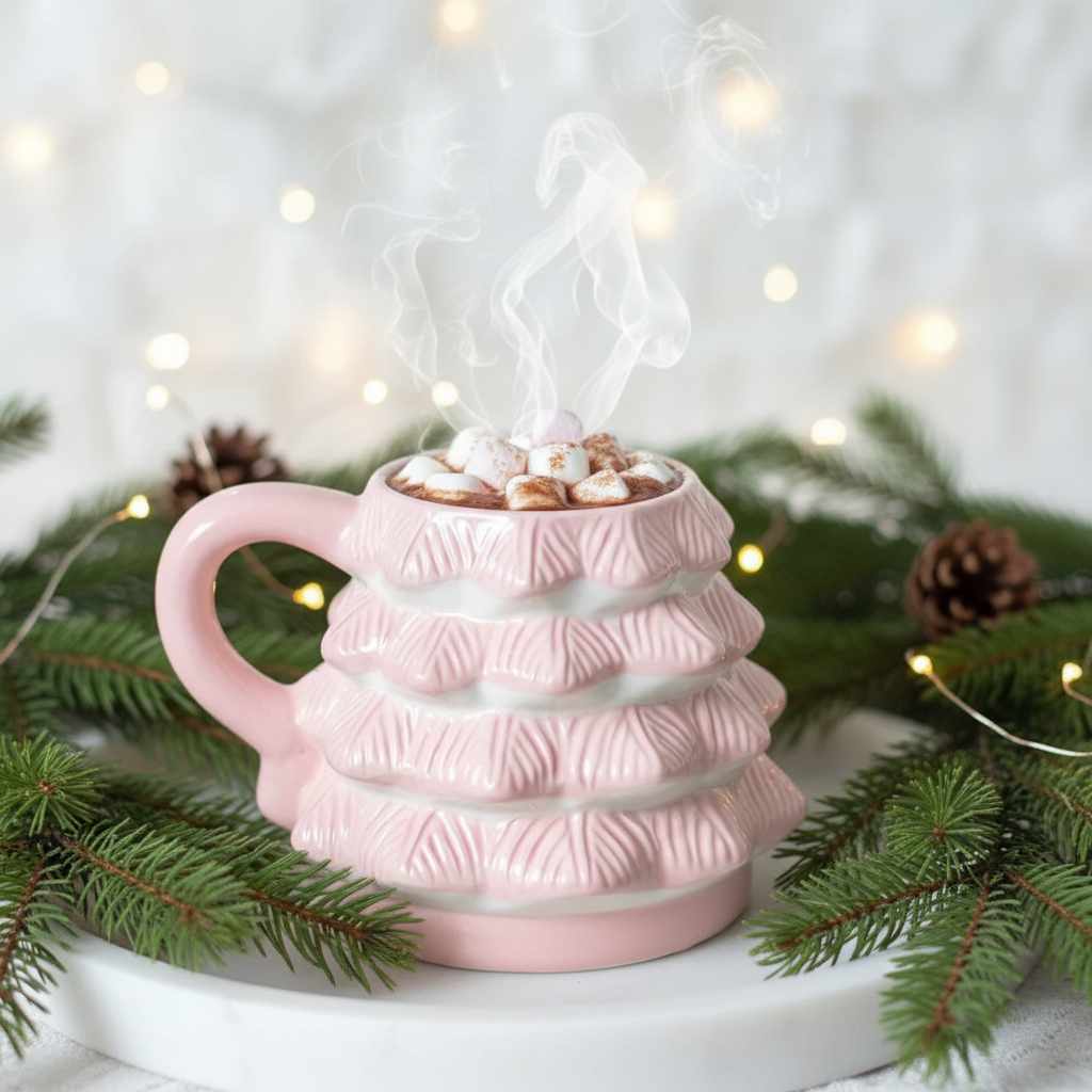 Taza Rosa Forma Árbol Navidad 520ml Tapa - Taza 3D Chocolate Caliente Adorable