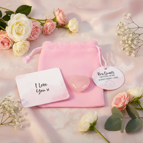 Corazón Cuarzo Rosa "Te Quiero" - Bolsa Terciopelo Tarjeta San Valentín