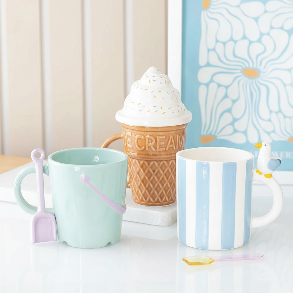 Taza Cubo Playa 350ml con Cuchara Pala - Set Taza Divertida Pastel Pier