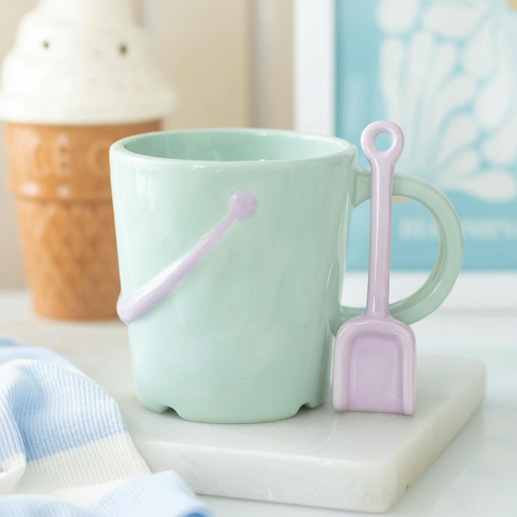 Taza Cubo Playa 350ml con Cuchara Pala - Set Taza Divertida Pastel Pier