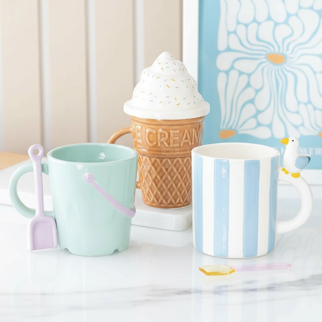 Taza Rayas Pastel Gaviota 370ml - Taza Café Estilo Costero Pastel Pier