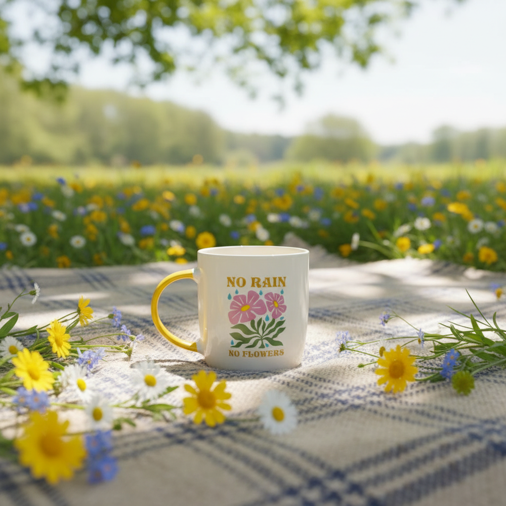 Taza "No Rain No Flowers" Mango Amarillo - Taza Cerámica 370ml Inspiradora