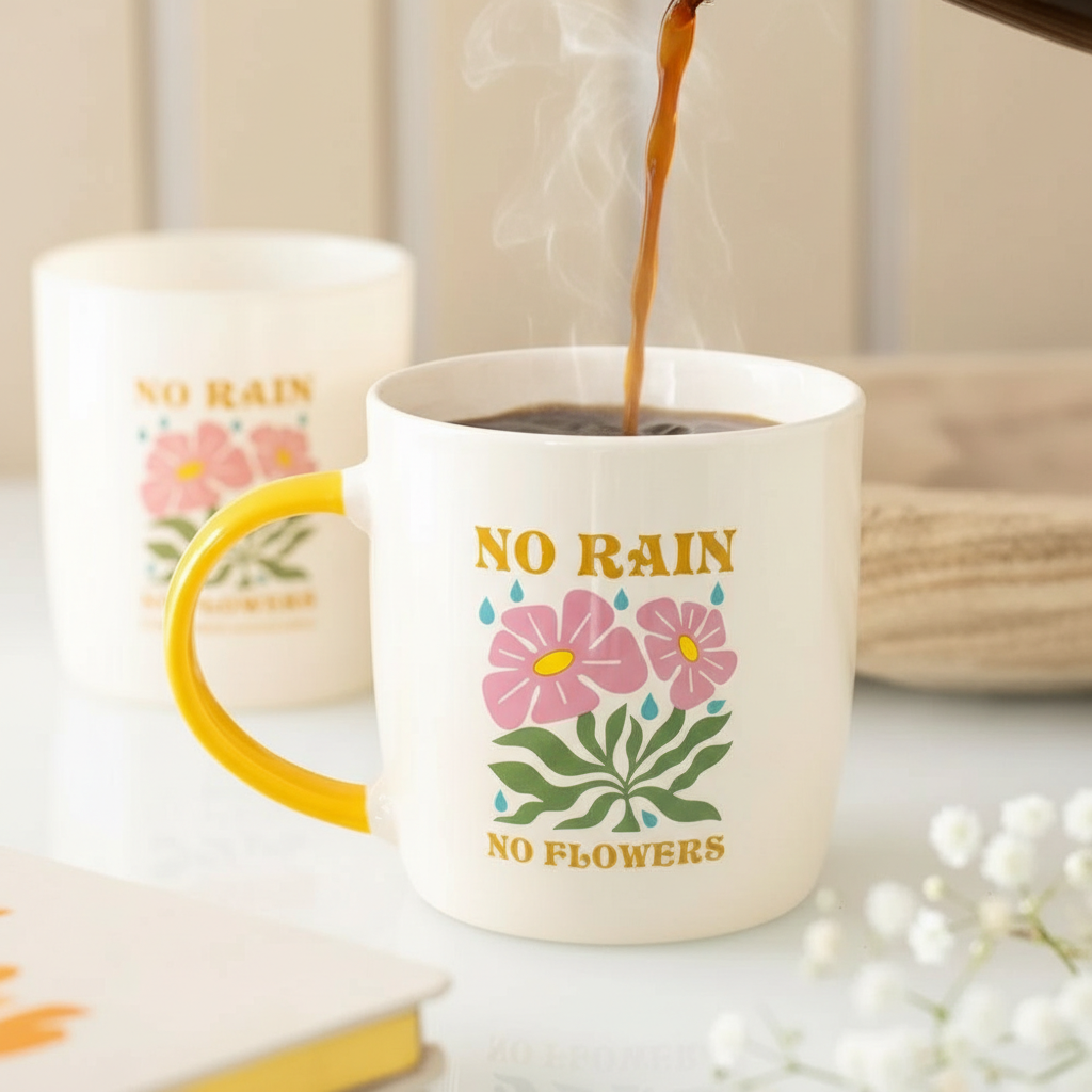 Taza "No Rain No Flowers" Mango Amarillo - Taza Cerámica 370ml Inspiradora