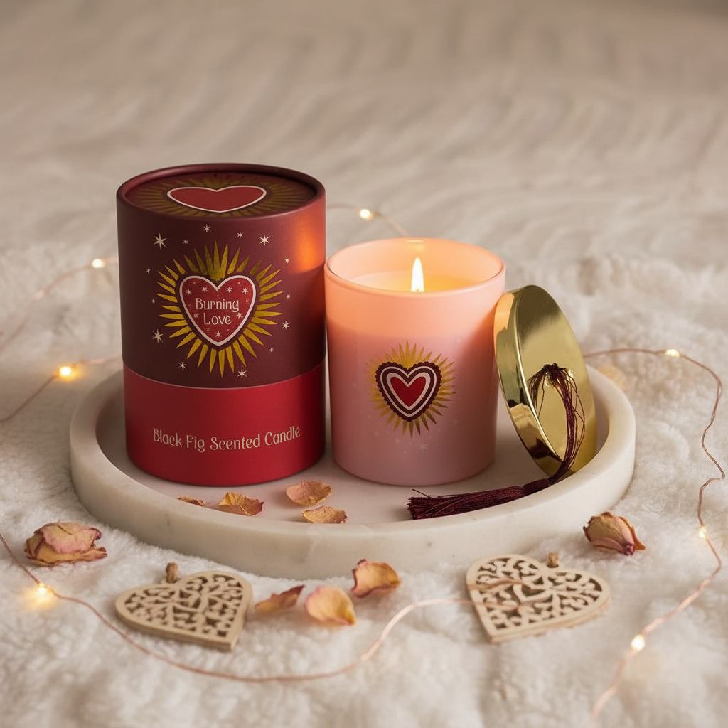 Vela "Burning Love" Higo Negro 28h - Frasco Rosa Rubor Tapa Dorada Corazón Sagrado