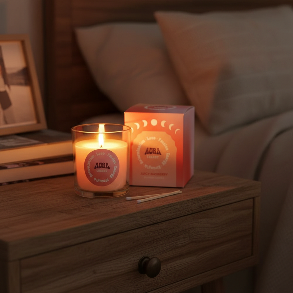 Vela Iridiscente "Frambuesa Jugosa" Aura Energy - Frasco Vidrio 35h Duración