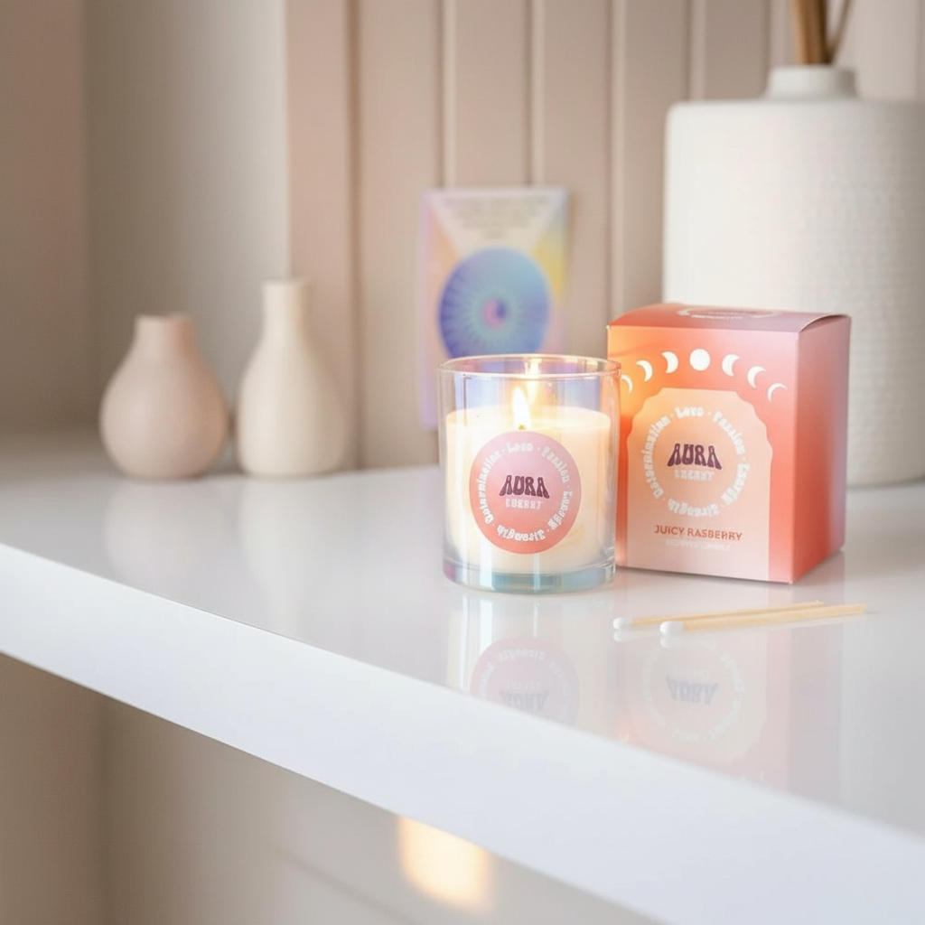 Vela Iridiscente "Frambuesa Jugosa" Aura Energy - Frasco Vidrio 35h Duración