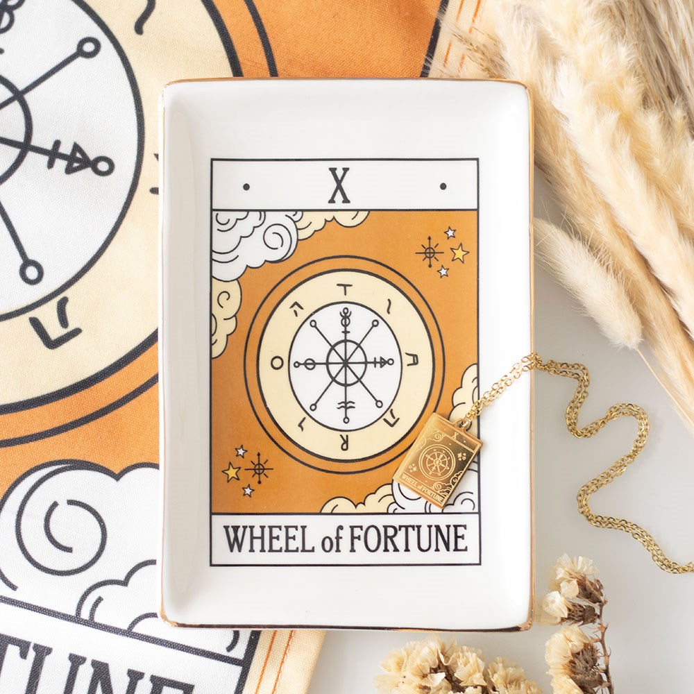 Plato de Baratijas Tarot "Rueda de la Fortuna" - Joyero Decorativo con Bordes Dorados