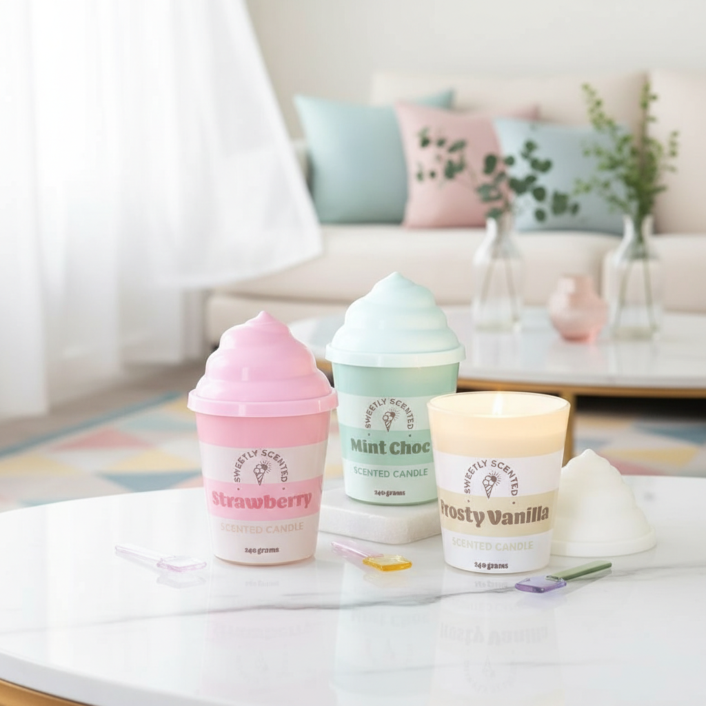 Vela Helado Fresa 42h Pastel Pier - Vela Tapa Swirl Rosa Retro