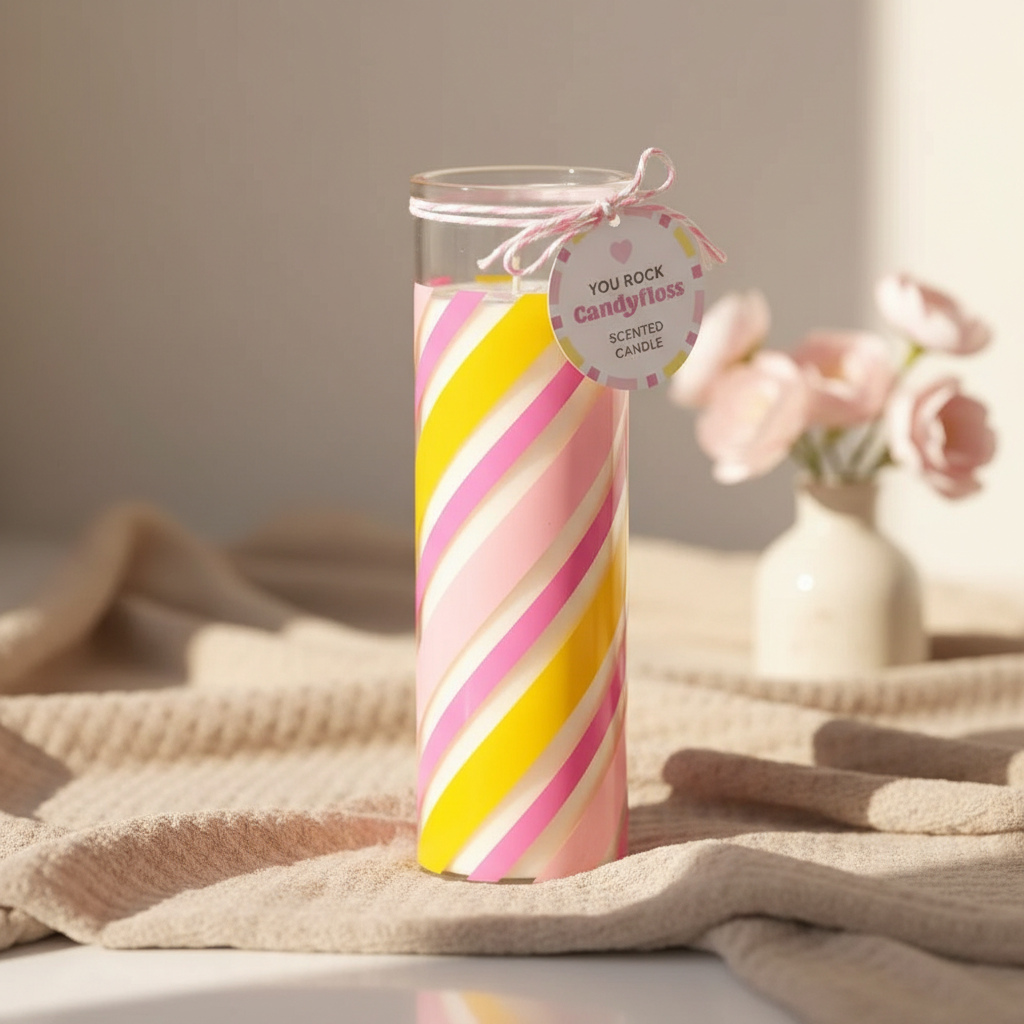 Vela Aromática Rayas Caramelo Algodón de Azúcar - Vela Tubo 55h "You Rock"