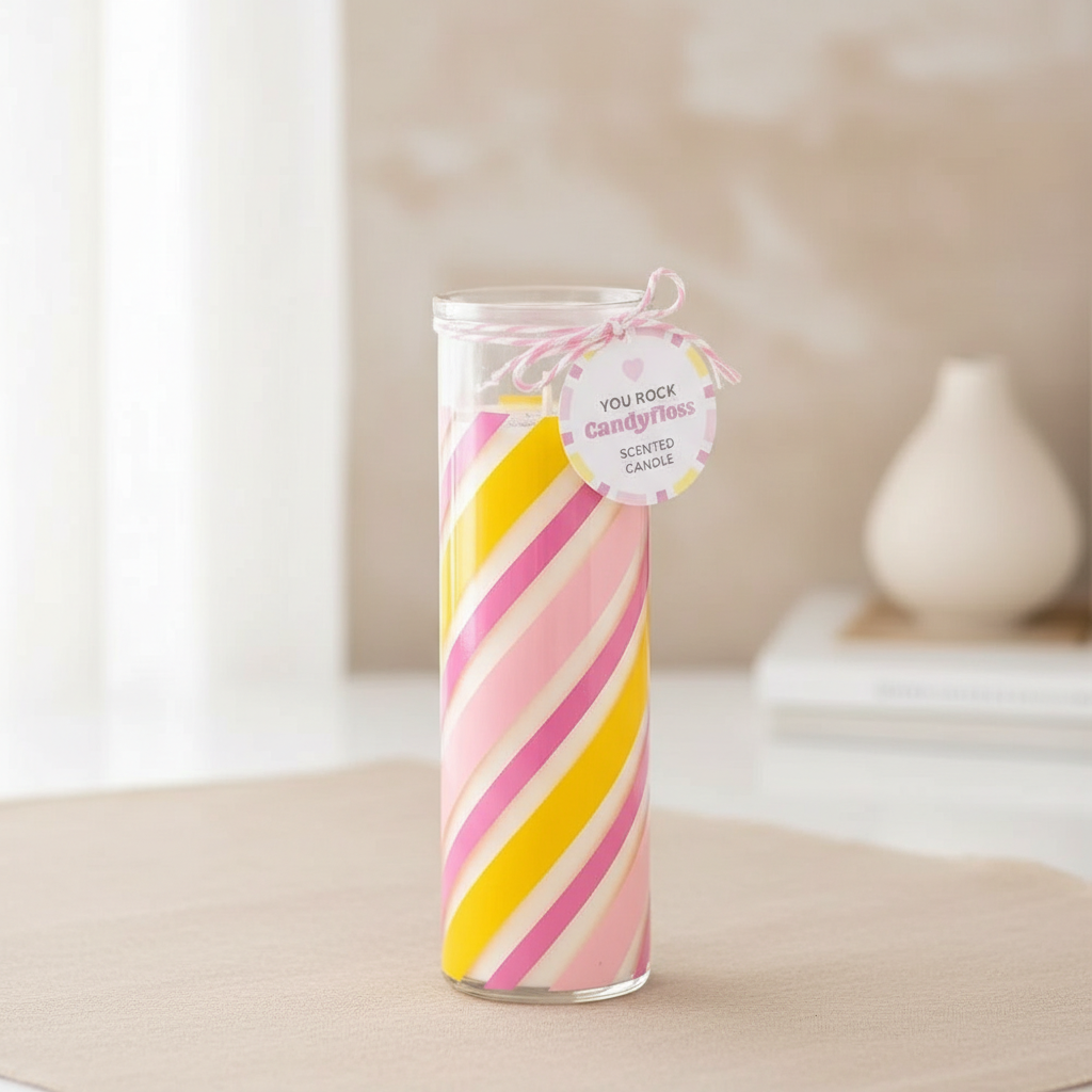 Vela Aromática Rayas Caramelo Algodón de Azúcar - Vela Tubo 55h "You Rock"