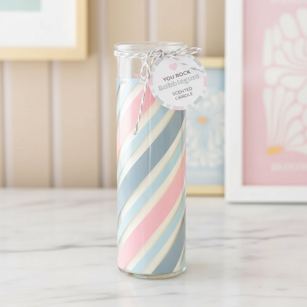 Vela Candy Bubblegum Retro 55h - Vela Rayas Aroma Chicle You Rock