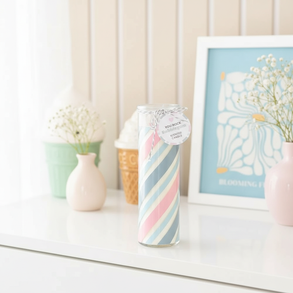 Vela Candy Bubblegum Retro 55h - Vela Rayas Aroma Chicle You Rock