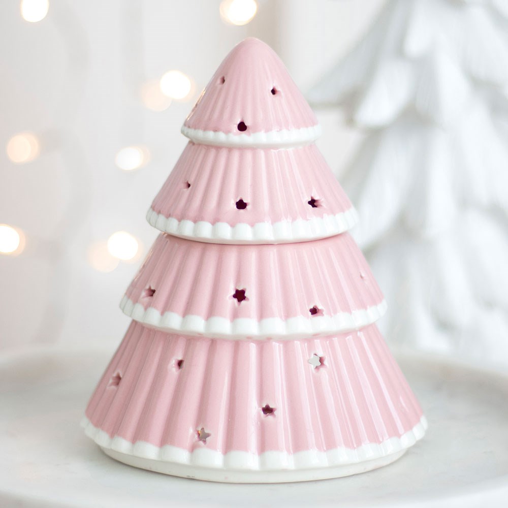 Quemador de aceites con forma de árbol de Navidad rosa con estrellas caladas – Ami Home Decor