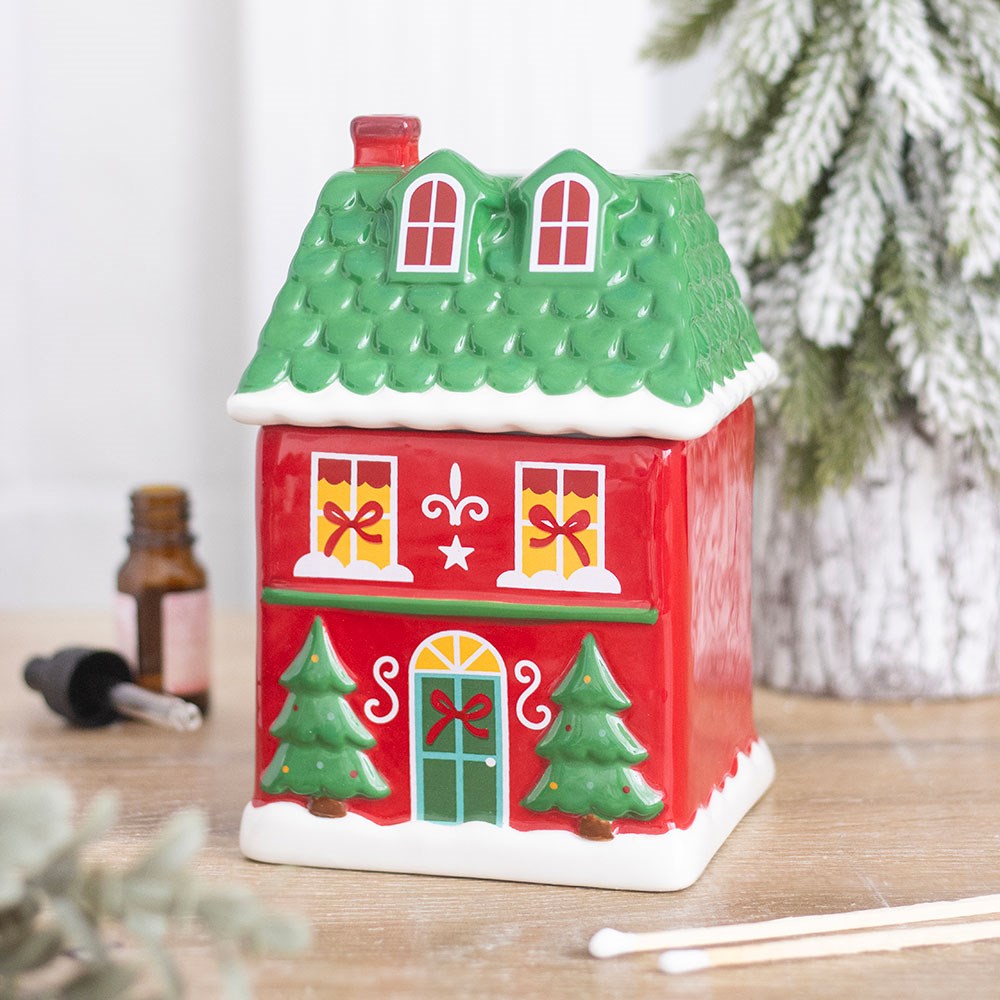 Quemador de aceites de cerámica con forma de casita de Navidad roja – Ami Home Decor