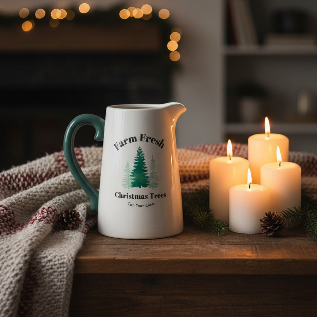 Jarra Cerámica Farm Fresh Christmas Trees - Florero Navidad Rústico Farmhouse