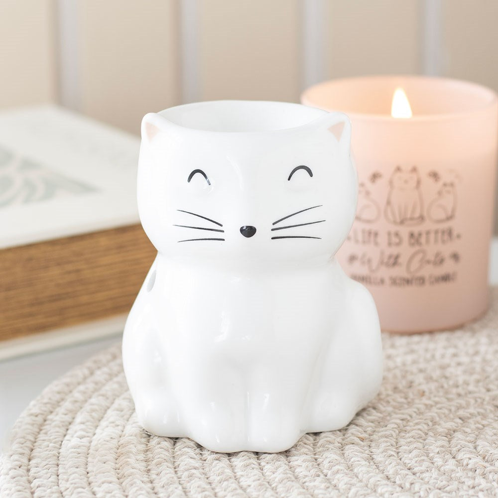 Quemador de Aceites Gatito Feliz Blanco